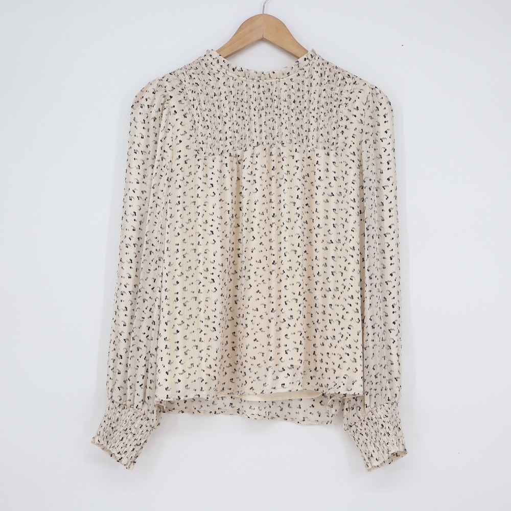 Neo Noir Emma Spray Dot Blouse Cream Black Smocked High Neck Size 34
